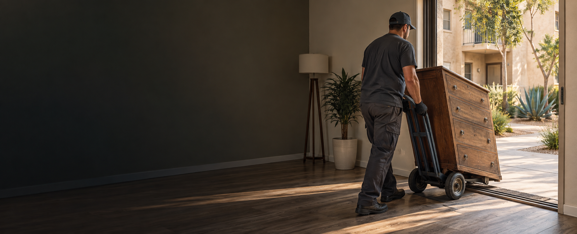 Professional cleanout worker carefully moving a dresser from an apartment.